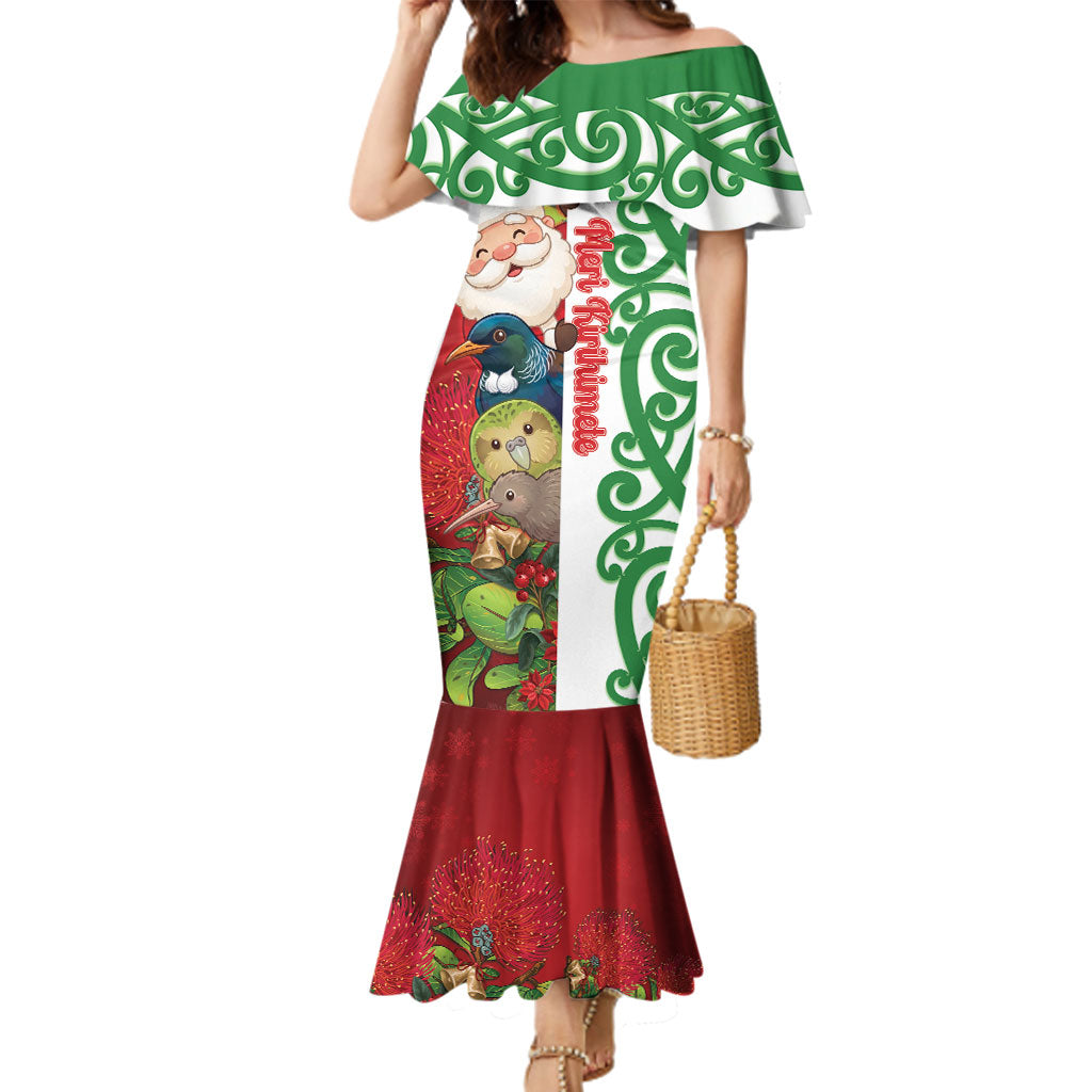 Meri Kirihimete New Zealand Personalised Family Matching Mermaid Dress and Hawaiian Shirt Cute Santa NZ Animals and Pohutukawa LT14 Mom's Dress Red - Polynesian Pride