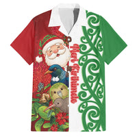 Meri Kirihimete New Zealand Personalised Family Matching Off Shoulder Maxi Dress and Hawaiian Shirt Cute Santa NZ Animals and Pohutukawa LT14 Dad's Shirt - Short Sleeve Red - Polynesian Pride