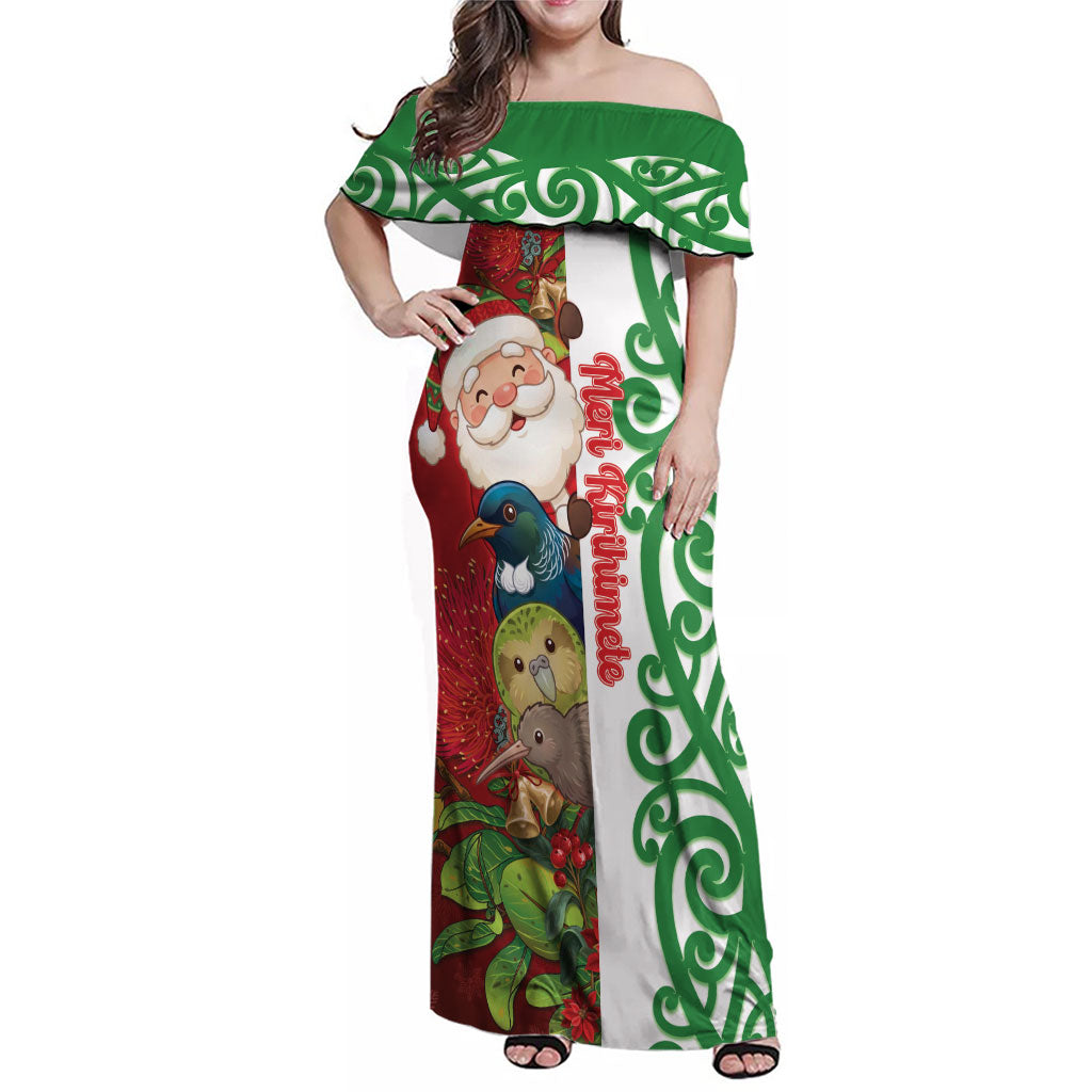 Meri Kirihimete New Zealand Personalised Family Matching Off Shoulder Maxi Dress and Hawaiian Shirt Cute Santa NZ Animals and Pohutukawa LT14 Mom's Dress Red - Polynesian Pride
