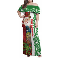 Meri Kirihimete New Zealand Personalised Family Matching Off Shoulder Maxi Dress and Hawaiian Shirt Cute Santa NZ Animals and Pohutukawa LT14 Mom's Dress Red - Polynesian Pride
