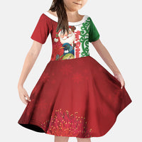 Meri Kirihimete New Zealand Personalised Family Matching Off Shoulder Short Dress and Hawaiian Shirt Cute Santa NZ Animals and Pohutukawa LT14 Daughter's Dress Red - Polynesian Pride