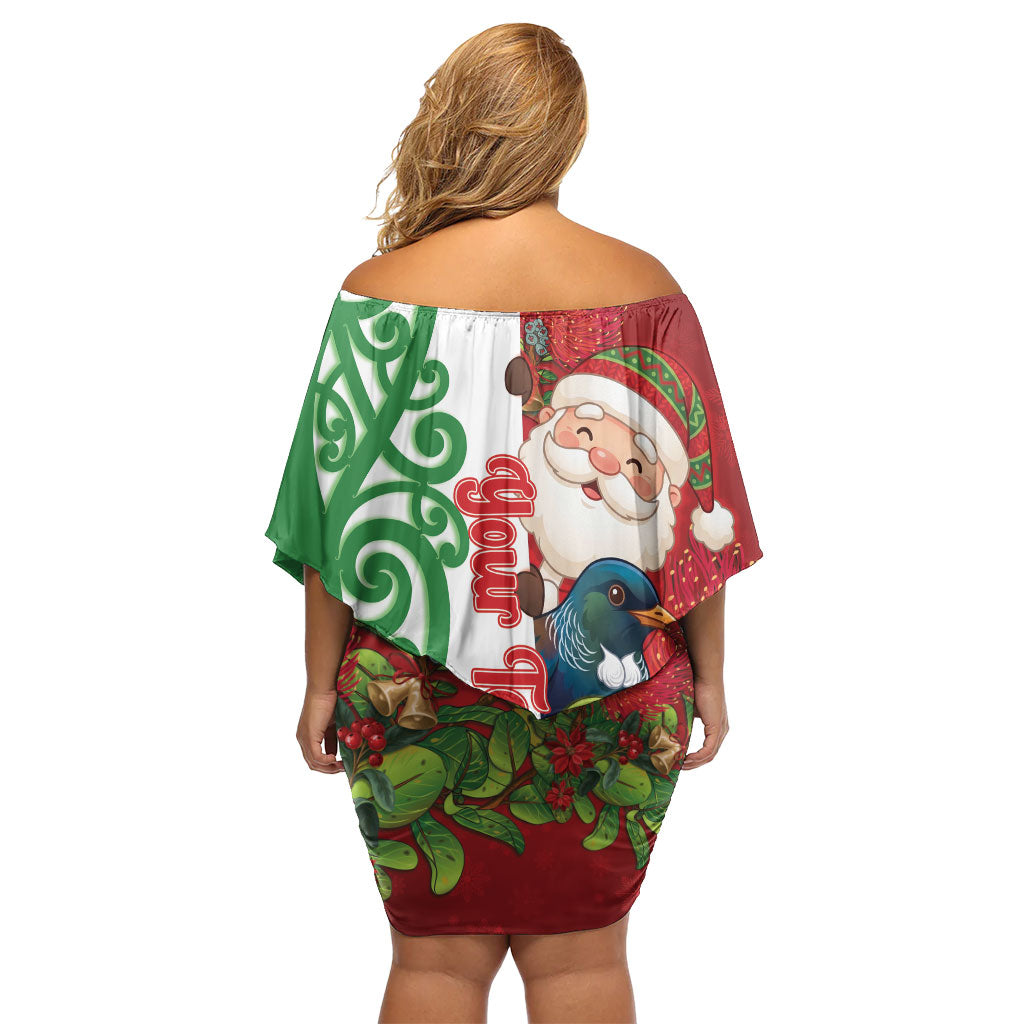 Meri Kirihimete New Zealand Personalised Family Matching Off Shoulder Short Dress and Hawaiian Shirt Cute Santa NZ Animals and Pohutukawa LT14 - Polynesian Pride