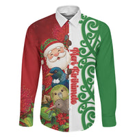 Meri Kirihimete New Zealand Personalised Family Matching Puletasi and Hawaiian Shirt Cute Santa NZ Animals and Pohutukawa LT14 Dad's Shirt - Long Sleeve Red - Polynesian Pride