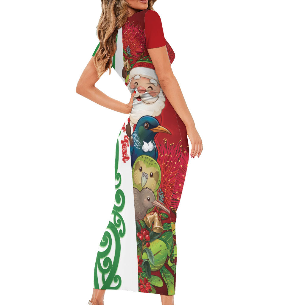 Meri Kirihimete New Zealand Personalised Family Matching Short Sleeve Bodycon Dress and Hawaiian Shirt Cute Santa NZ Animals and Pohutukawa LT14 - Polynesian Pride