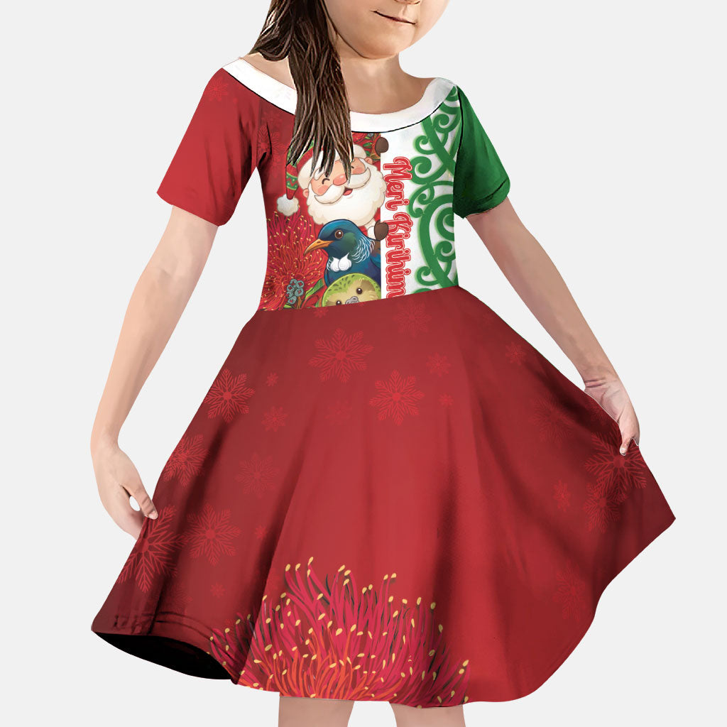 Meri Kirihimete New Zealand Personalised Family Matching Tank Maxi Dress and Hawaiian Shirt Cute Santa NZ Animals and Pohutukawa LT14 Daughter's Dress Red - Polynesian Pride