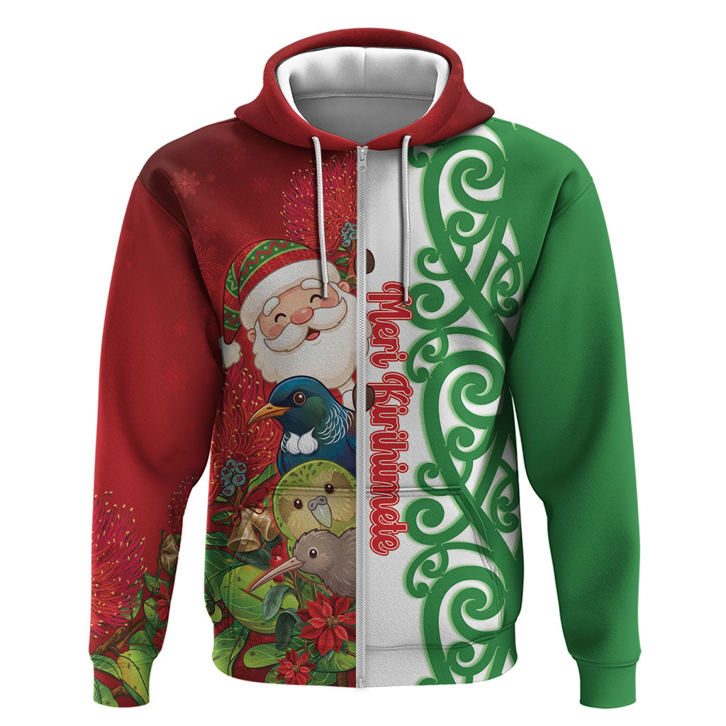 Meri Kirihimete New Zealand Personalised Hoodie Cute Santa NZ Animals and Pohutukawa LT14 Zip Hoodie Red - Polynesian Pride