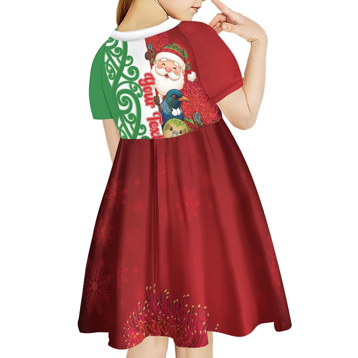 Meri Kirihimete New Zealand Personalised Kid Short Sleeve Dress Cute Santa NZ Animals and Pohutukawa LT14 - Polynesian Pride