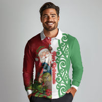 Meri Kirihimete New Zealand Personalised Long Sleeve Polo Shirt Cute Santa NZ Animals and Pohutukawa LT14 - Polynesian Pride