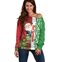 Meri Kirihimete New Zealand Personalised Off Shoulder Sweater Cute Santa NZ Animals and Pohutukawa