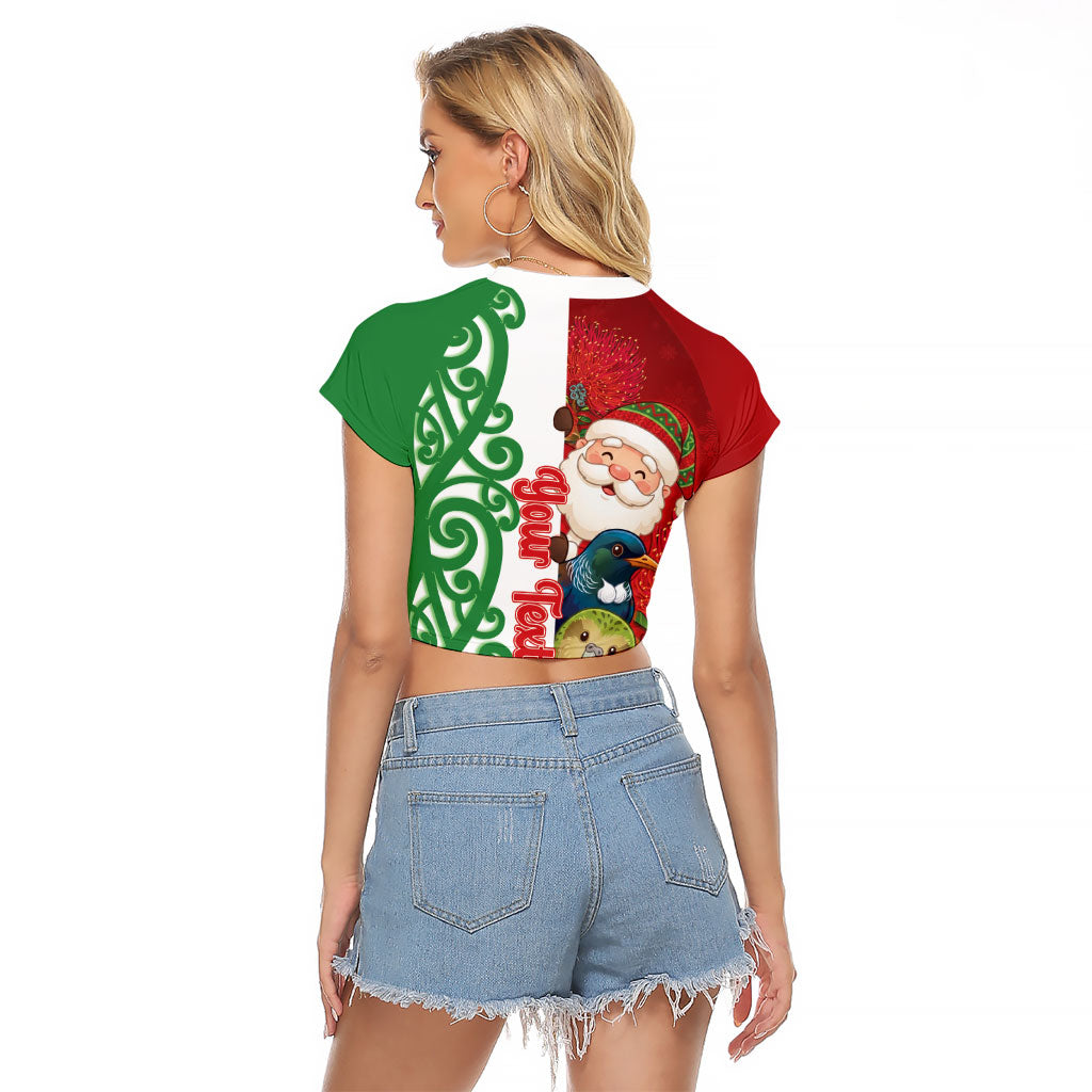 Meri Kirihimete New Zealand Personalised Raglan Cropped T Shirt Cute Santa NZ Animals and Pohutukawa LT14 - Polynesian Pride