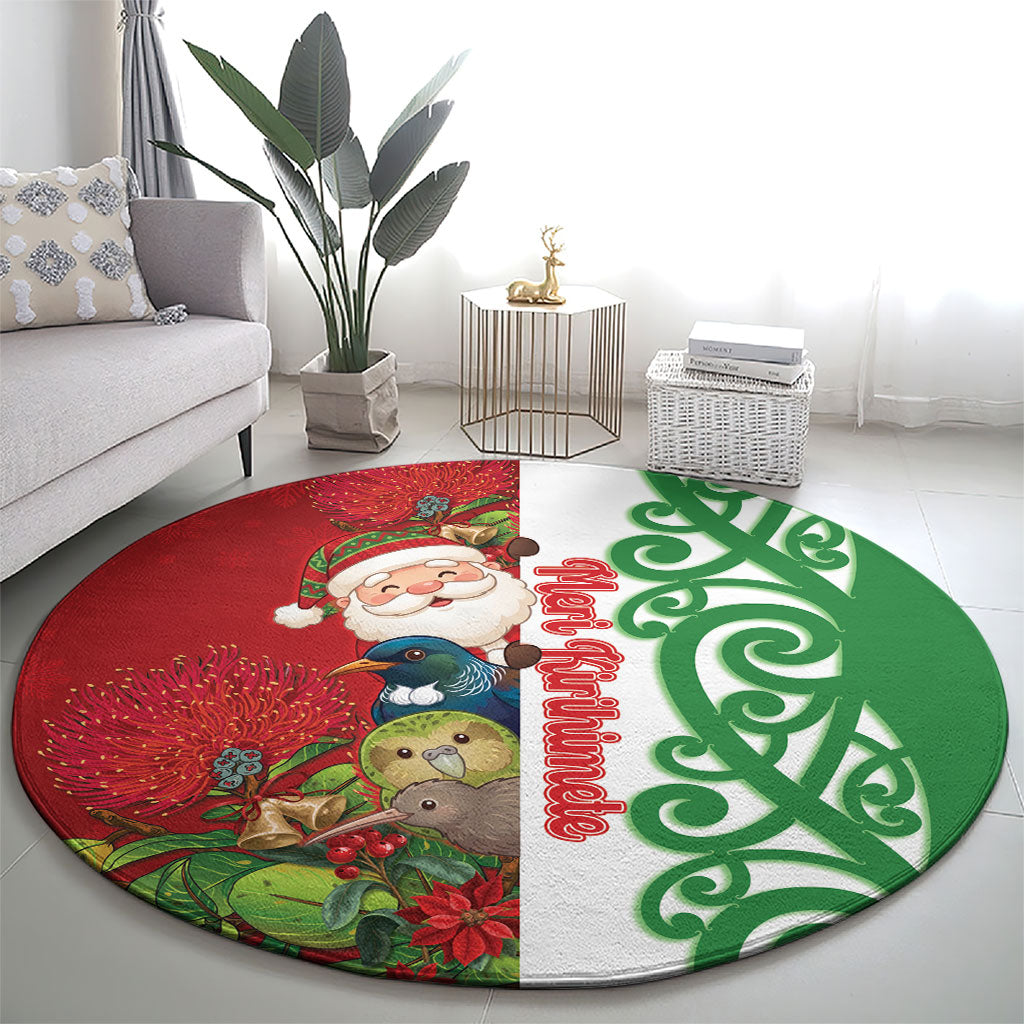 Meri Kirihimete New Zealand Round Carpet Cute Santa NZ Animals and Pohutukawa