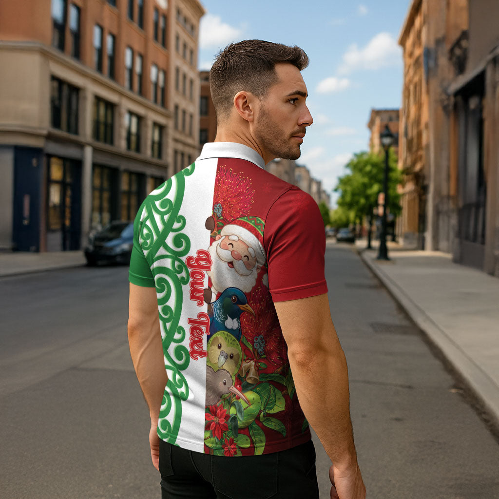 Meri Kirihimete New Zealand Personalised Zipper Polo Shirt Cute Santa NZ Animals and Pohutukawa LT14 - Polynesian Pride