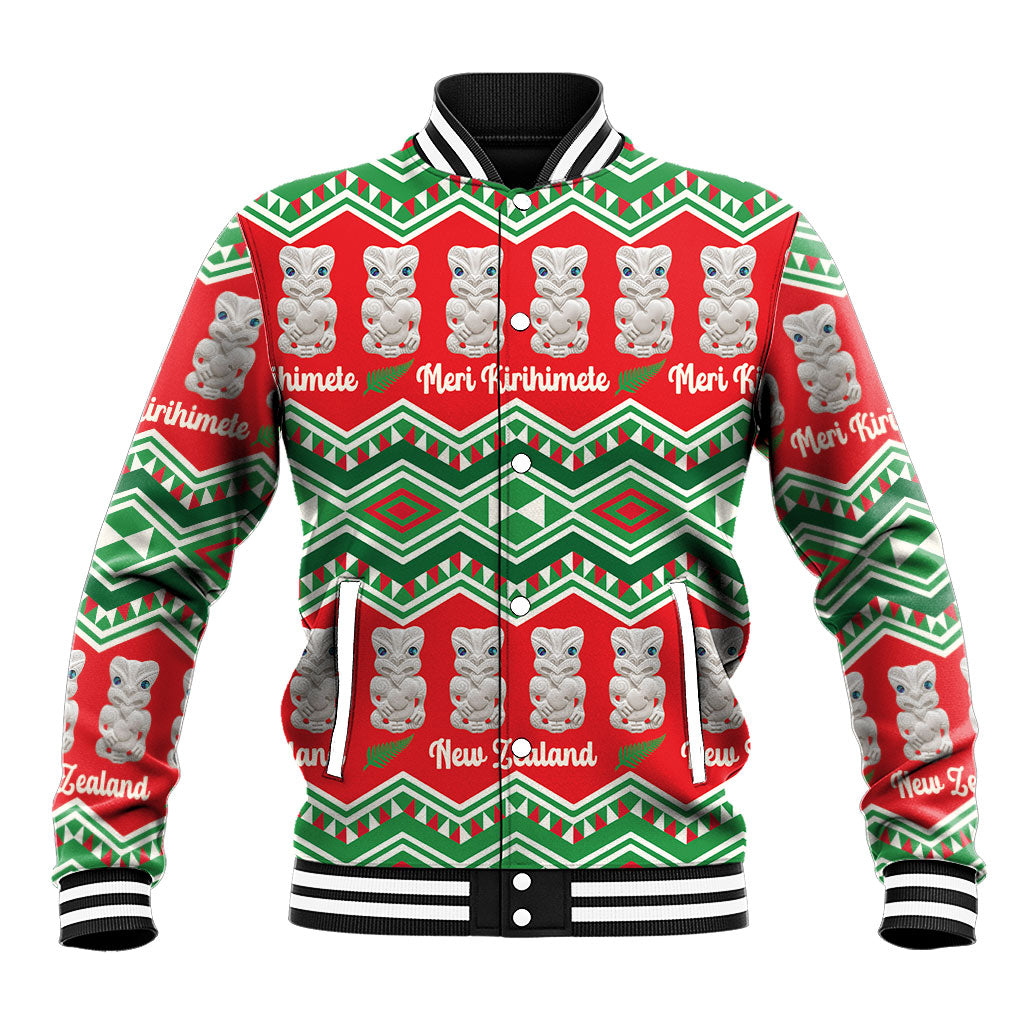 New Zealand Christmas In July Baseball Jacket Meri Kirihimete Hei Tiki Taniko Motifs Seamless LT14 Unisex Red - Polynesian Pride