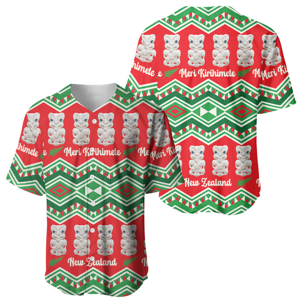 New Zealand Christmas In July Baseball Jersey Meri Kirihimete Hei Tiki Taniko Motifs Seamless LT14 - Polynesian Pride