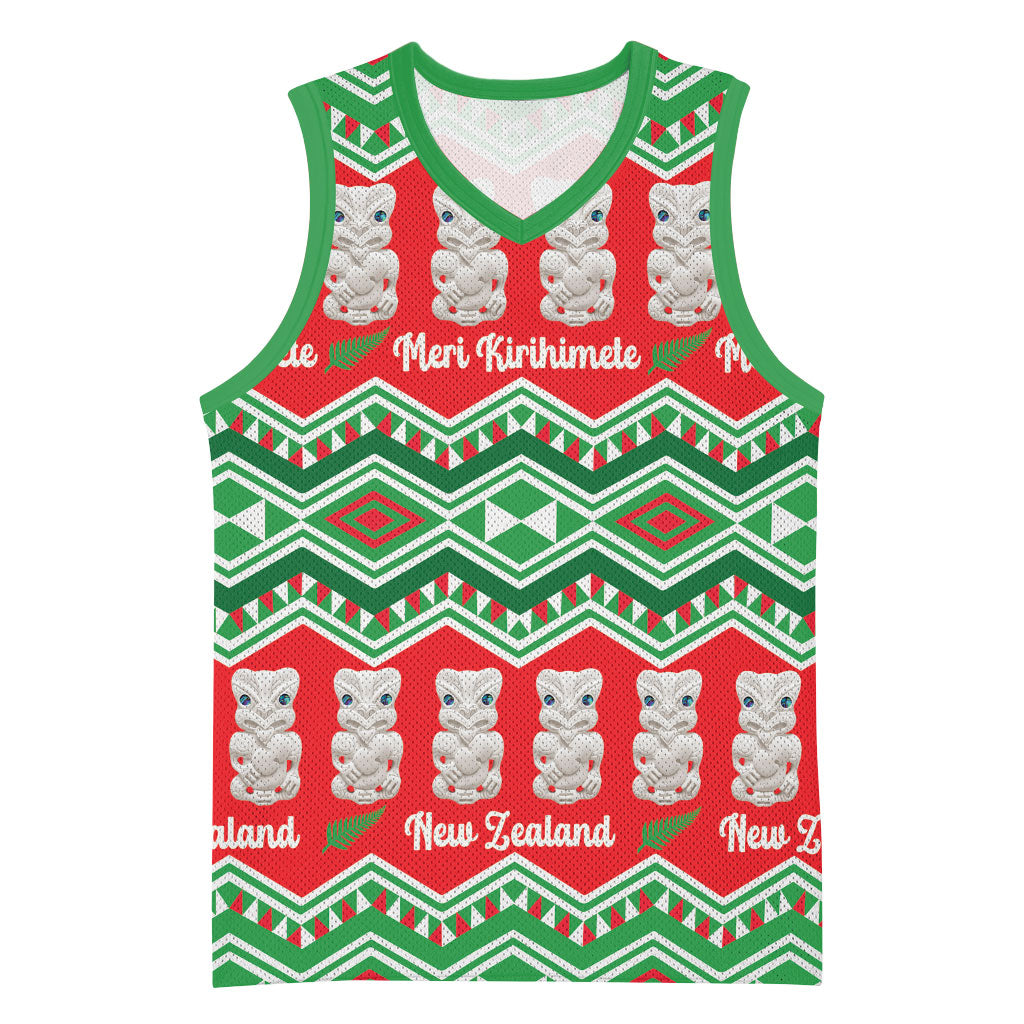 New Zealand Christmas In July Basketball Jersey Meri Kirihimete Hei Tiki Taniko Motifs Seamless LT14 Unisex Red - Polynesian Pride