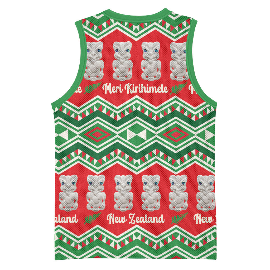 New Zealand Christmas In July Basketball Jersey Meri Kirihimete Hei Tiki Taniko Motifs Seamless LT14 - Polynesian Pride