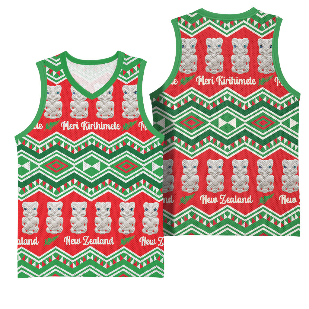 New Zealand Christmas In July Basketball Jersey Meri Kirihimete Hei Tiki Taniko Motifs Seamless LT14 - Polynesian Pride