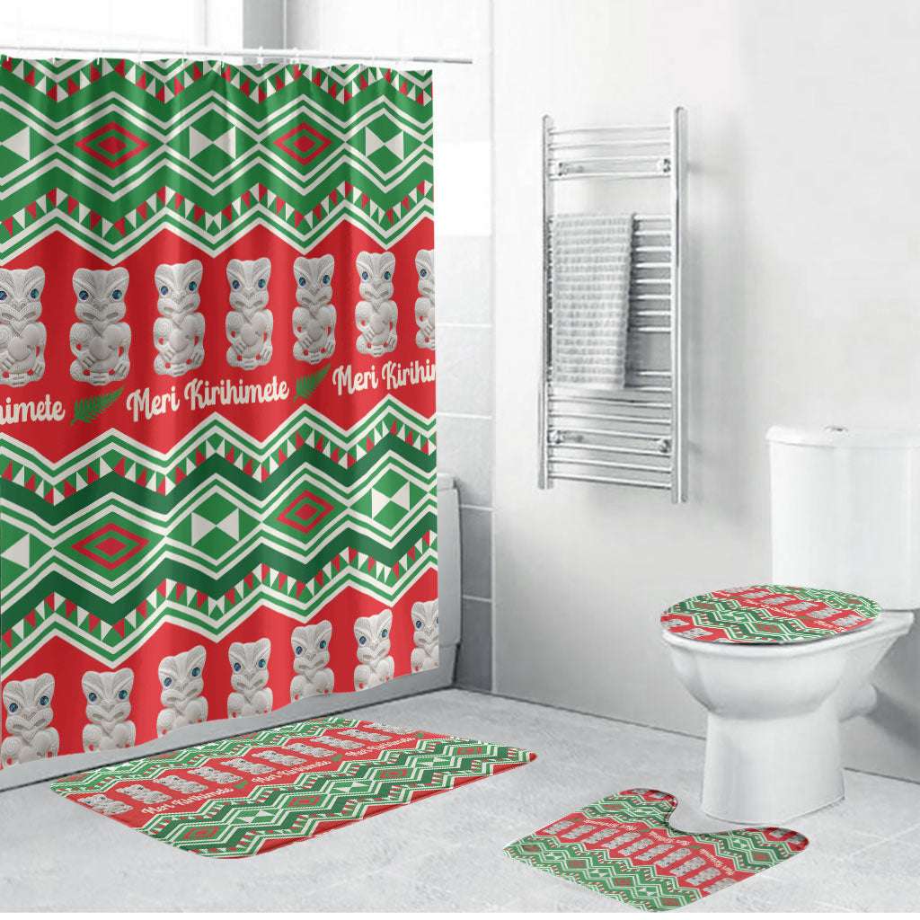 New Zealand Christmas In July Bathroom Set Meri Kirihimete Hei Tiki Taniko Motifs Seamless LT14 Bathroom Set (4 pcs) Red - Polynesian Pride