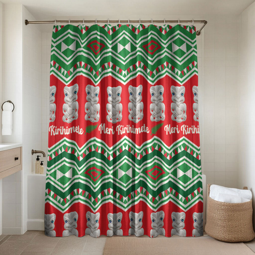 New Zealand Christmas In July Bathroom Set Meri Kirihimete Hei Tiki Taniko Motifs Seamless LT14 Shower Curtain Only Red - Polynesian Pride