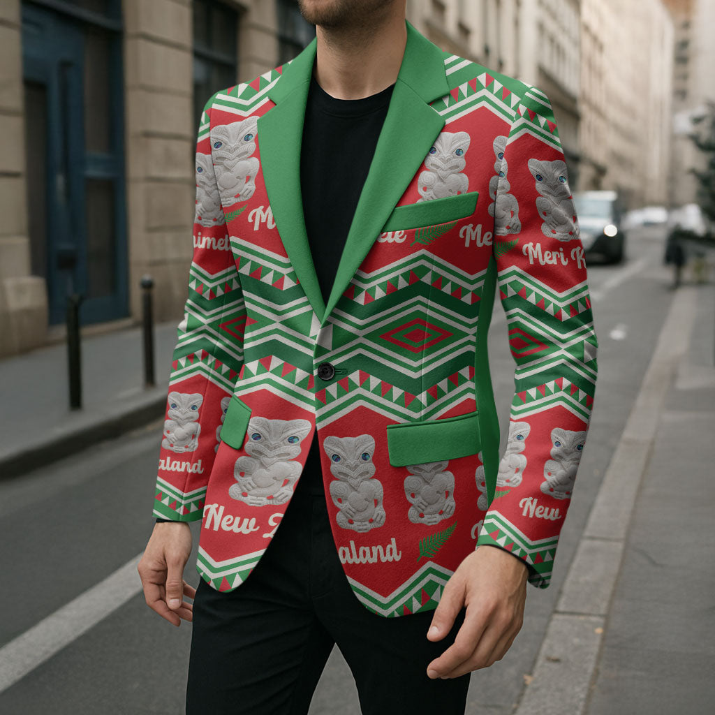 New Zealand Christmas In July Blazer Meri Kirihimete Hei Tiki Taniko Motifs Seamless LT14 - Polynesian Pride