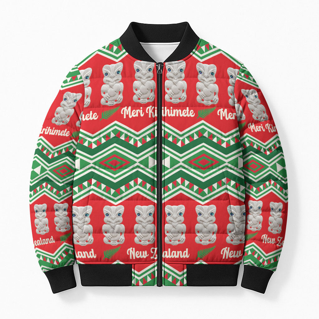 New Zealand Christmas In July Bomber Puffer Jacket Meri Kirihimete Hei Tiki Taniko Motifs Seamless LT14 Unisex Red - Polynesian Pride