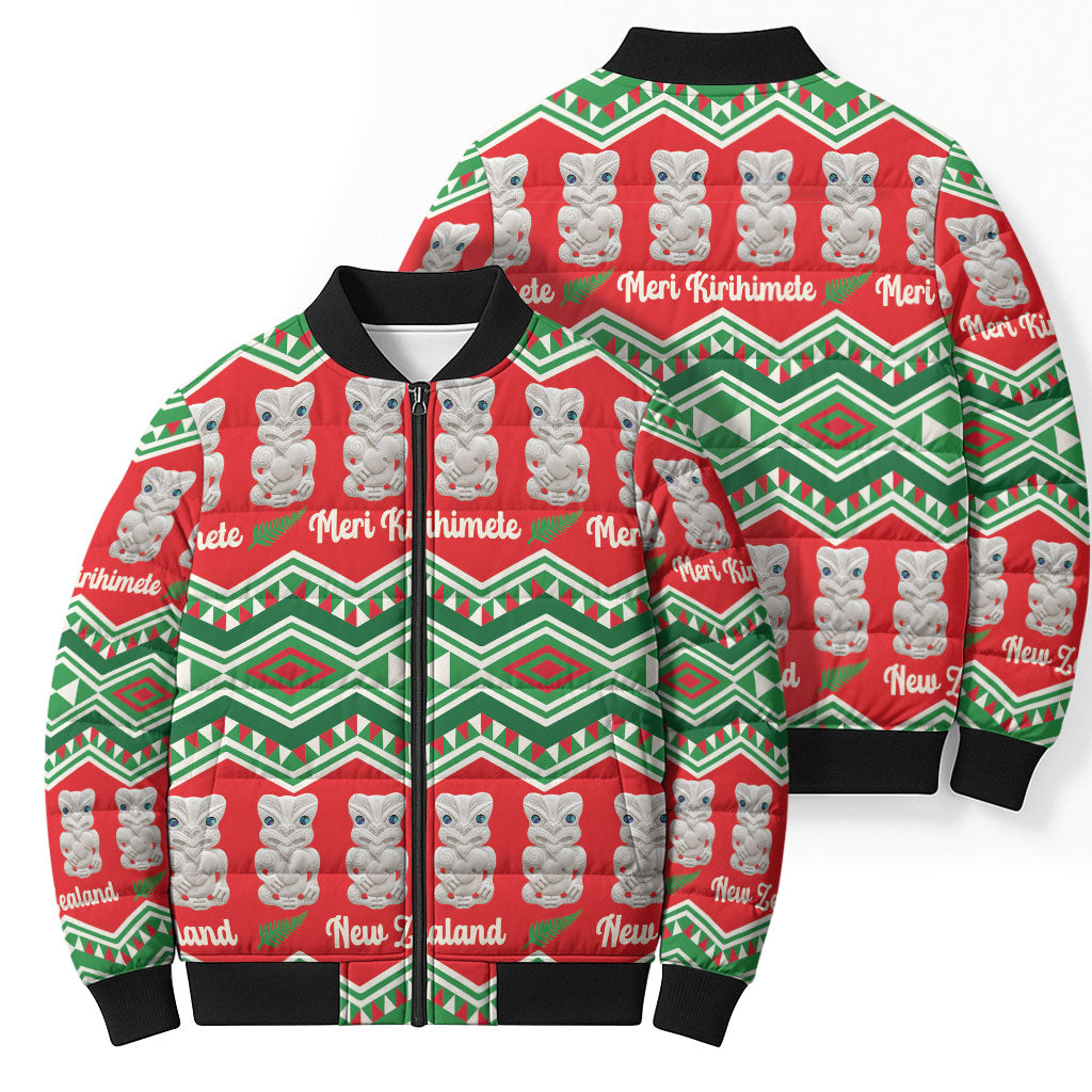 New Zealand Christmas In July Bomber Puffer Jacket Meri Kirihimete Hei Tiki Taniko Motifs Seamless LT14 - Polynesian Pride