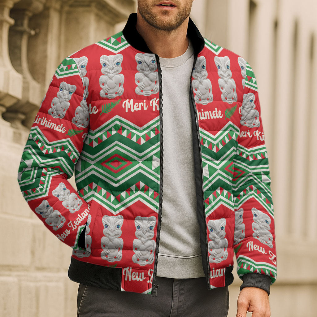 New Zealand Christmas In July Bomber Puffer Jacket Meri Kirihimete Hei Tiki Taniko Motifs Seamless LT14 - Polynesian Pride