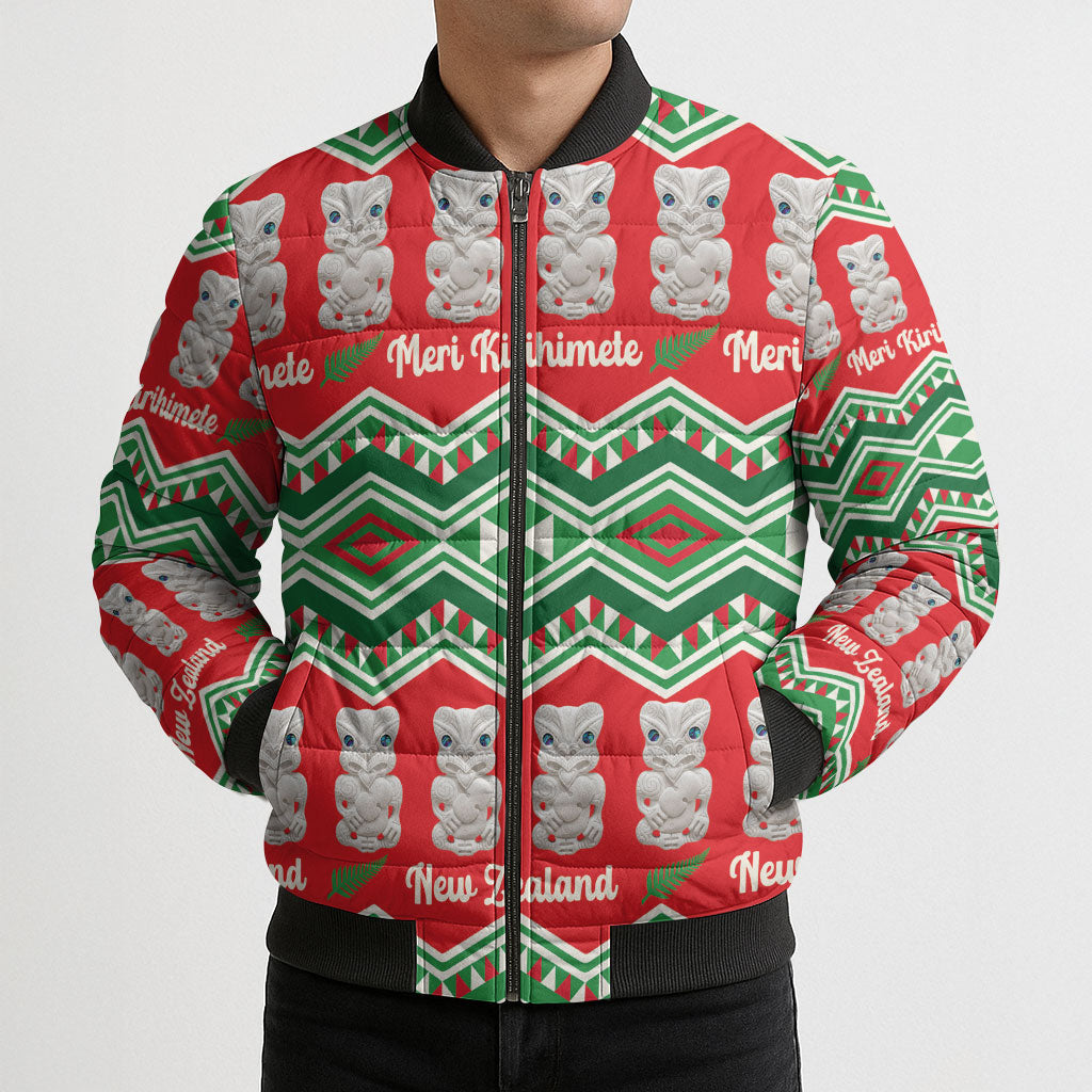 New Zealand Christmas In July Bomber Puffer Jacket Meri Kirihimete Hei Tiki Taniko Motifs Seamless LT14 - Polynesian Pride