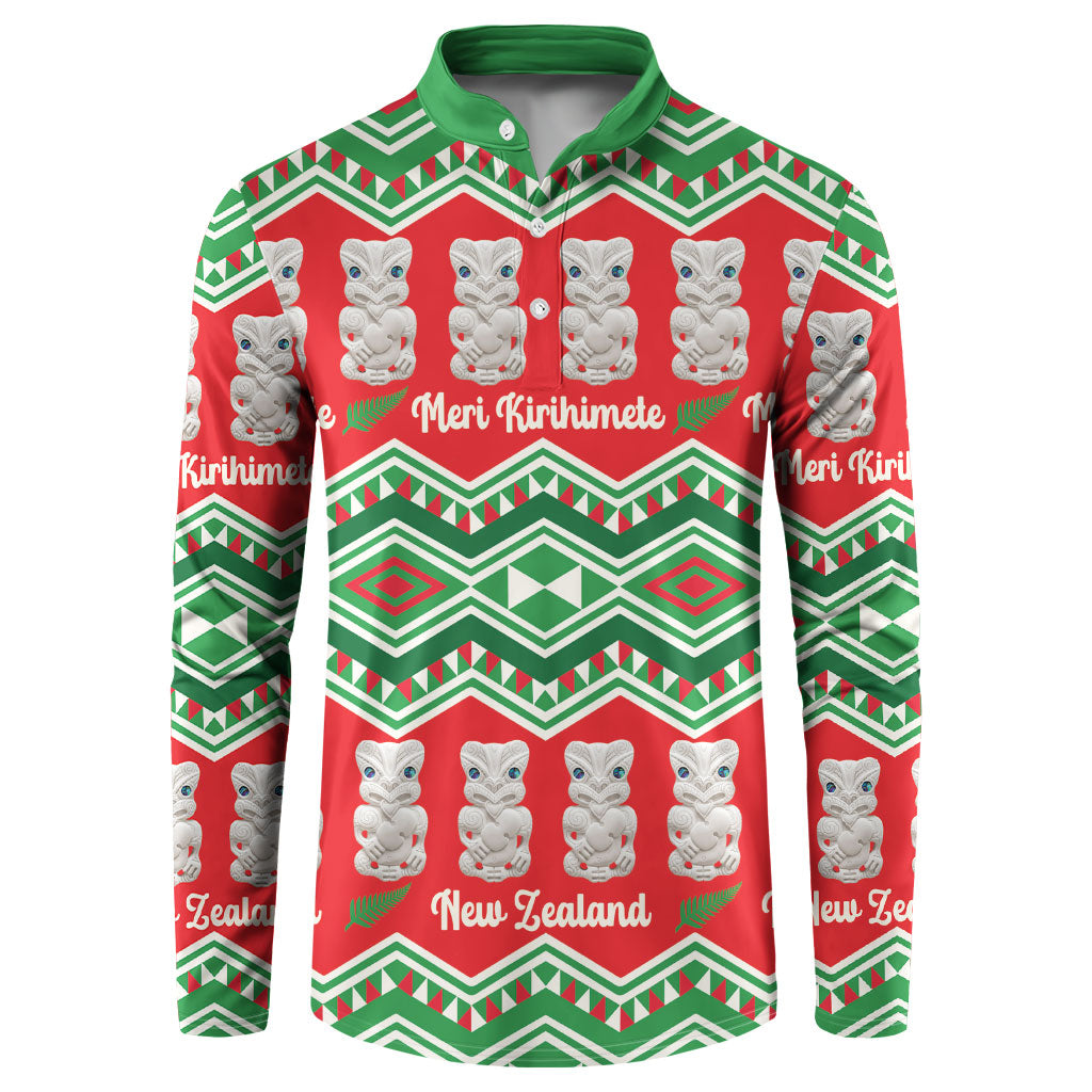 New Zealand Christmas In July Button Sweatshirt Meri Kirihimete Hei Tiki Taniko Motifs Seamless LT14 Red - Polynesian Pride