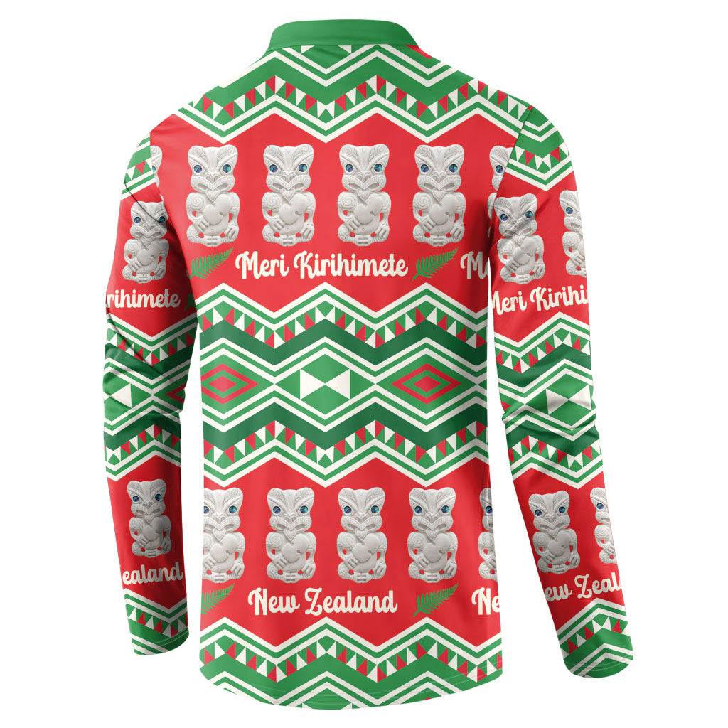 New Zealand Christmas In July Button Sweatshirt Meri Kirihimete Hei Tiki Taniko Motifs Seamless