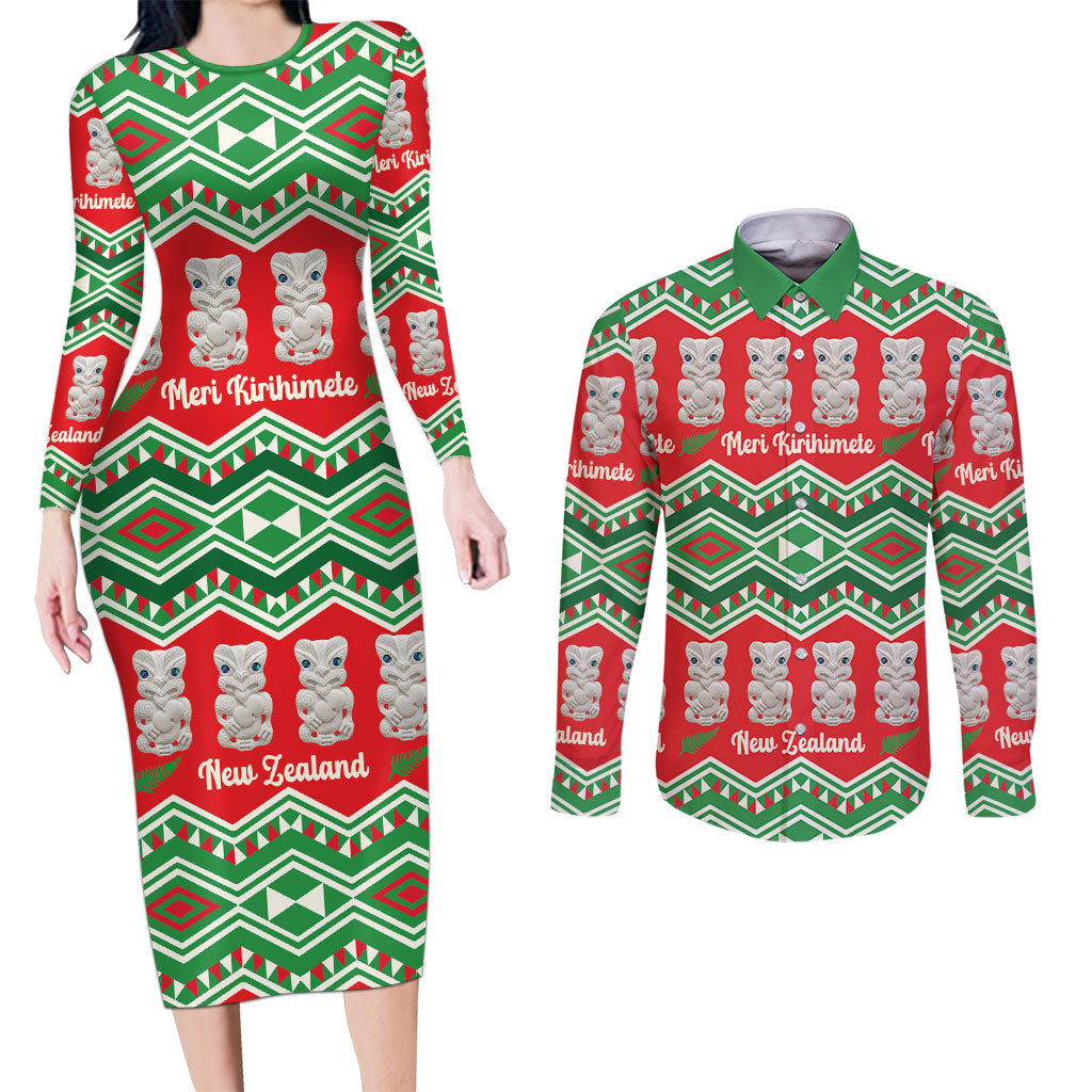 New Zealand Christmas In July Couples Matching Long Sleeve Bodycon Dress and Long Sleeve Button Shirt Meri Kirihimete Hei Tiki Taniko Motifs Seamless LT14 Red - Polynesian Pride