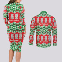 New Zealand Christmas In July Couples Matching Long Sleeve Bodycon Dress and Long Sleeve Button Shirt Meri Kirihimete Hei Tiki Taniko Motifs Seamless LT14 - Polynesian Pride