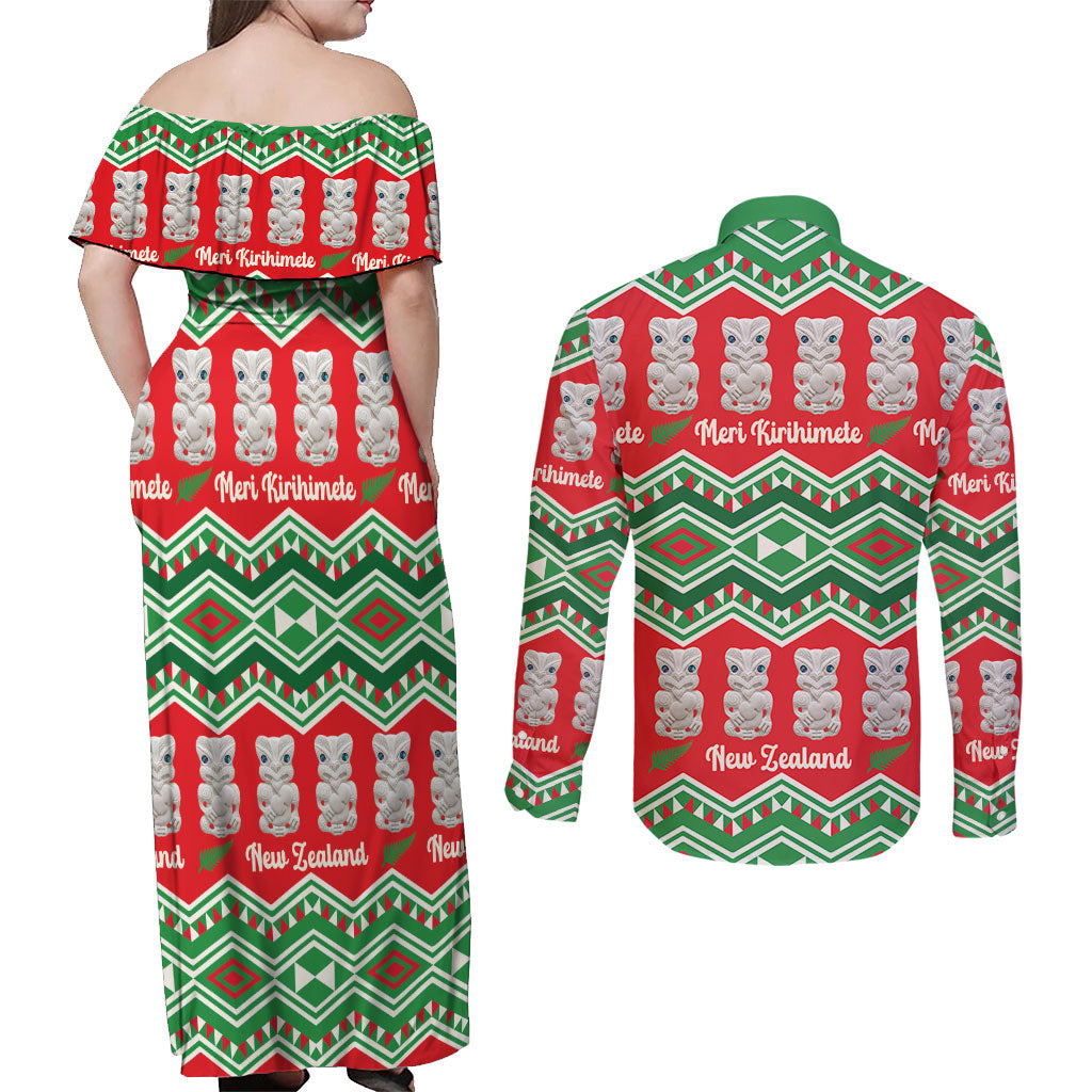 New Zealand Christmas In July Couples Matching Off Shoulder Maxi Dress and Long Sleeve Button Shirt Meri Kirihimete Hei Tiki Taniko Motifs Seamless LT14 - Polynesian Pride