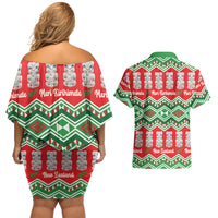 New Zealand Christmas In July Couples Matching Off Shoulder Short Dress and Hawaiian Shirt Meri Kirihimete Hei Tiki Taniko Motifs Seamless LT14 - Polynesian Pride