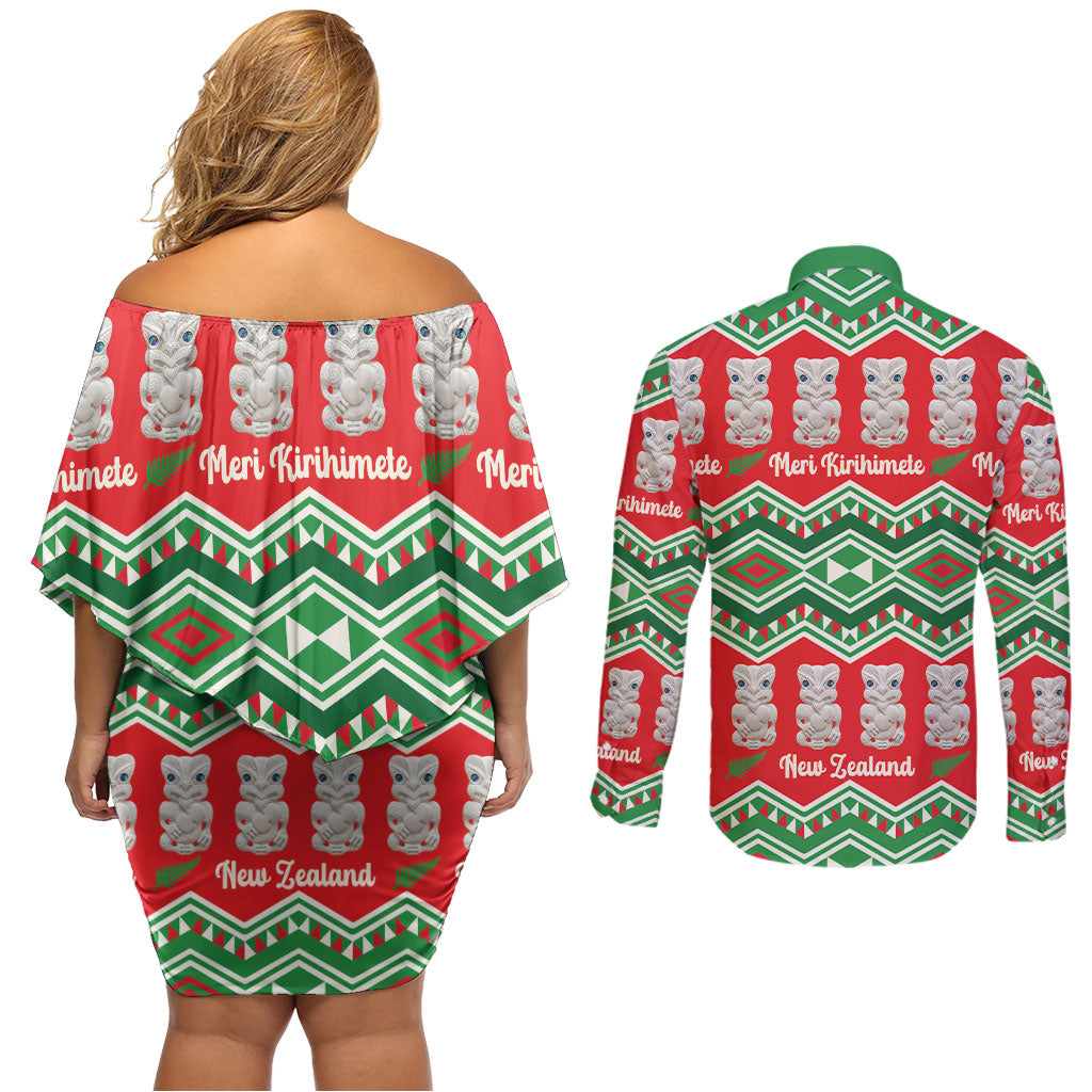 New Zealand Christmas In July Couples Matching Off Shoulder Short Dress and Long Sleeve Button Shirt Meri Kirihimete Hei Tiki Taniko Motifs Seamless LT14 - Polynesian Pride