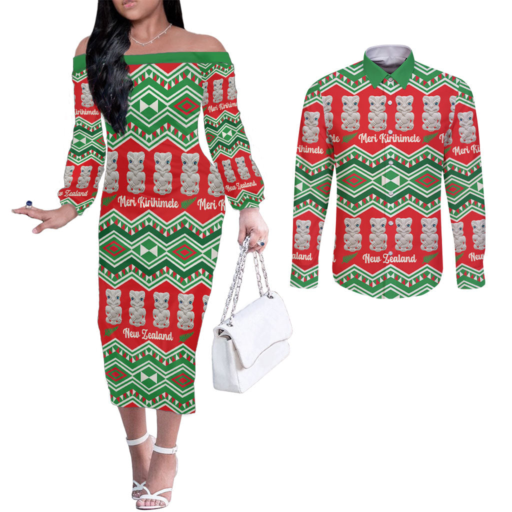 New Zealand Christmas In July Couples Matching Off The Shoulder Long Sleeve Dress and Long Sleeve Button Shirt Meri Kirihimete Hei Tiki Taniko Motifs Seamless LT14 Red - Polynesian Pride