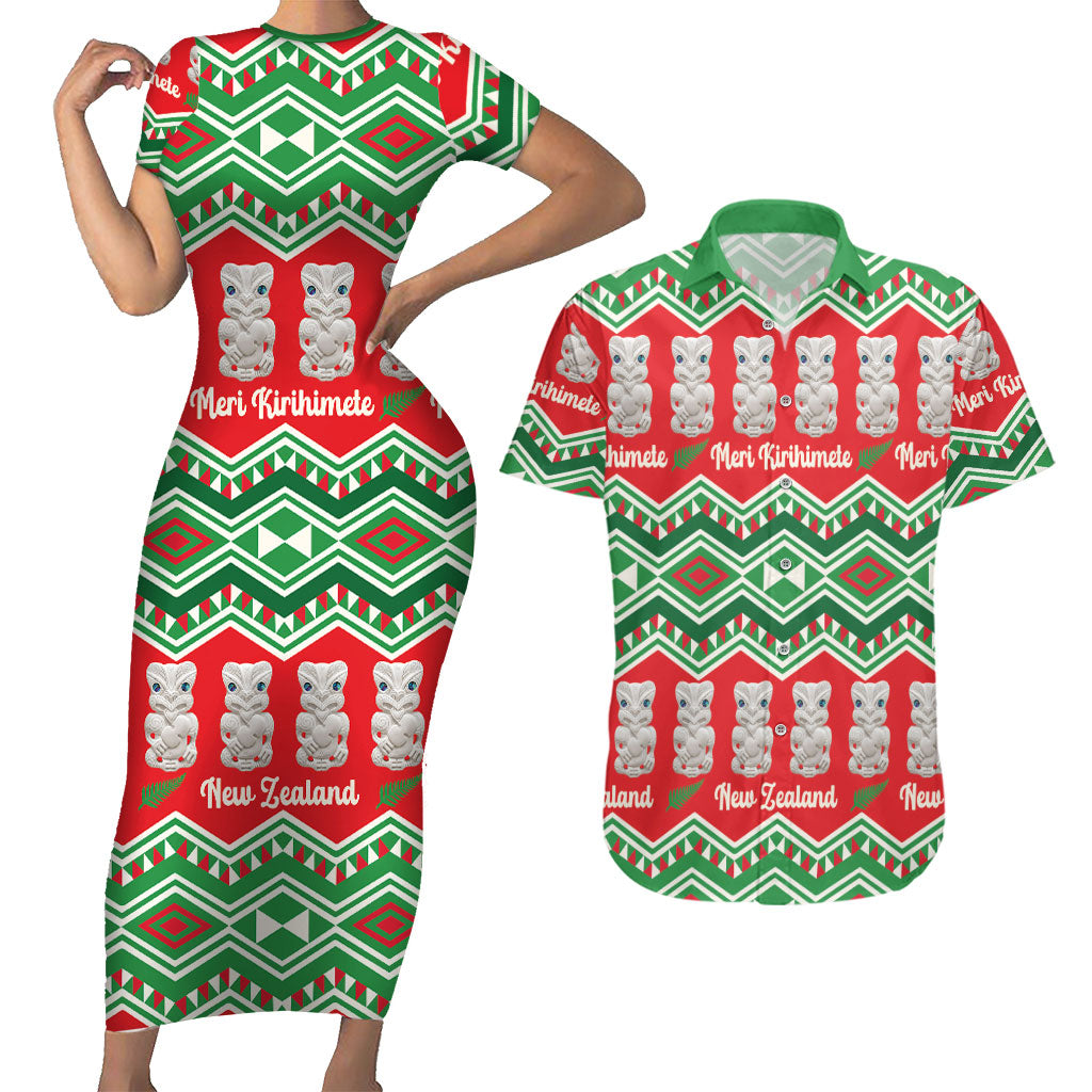 New Zealand Christmas In July Couples Matching Short Sleeve Bodycon Dress and Hawaiian Shirt Meri Kirihimete Hei Tiki Taniko Motifs Seamless LT14 Red - Polynesian Pride