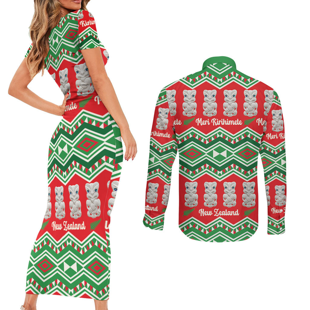 New Zealand Christmas In July Couples Matching Short Sleeve Bodycon Dress and Long Sleeve Button Shirt Meri Kirihimete Hei Tiki Taniko Motifs Seamless LT14 - Polynesian Pride