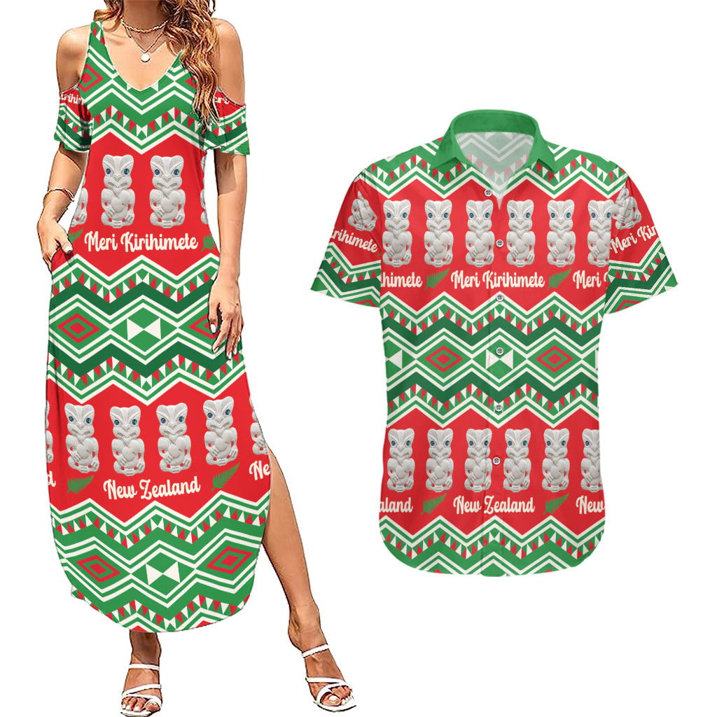 New Zealand Christmas In July Couples Matching Summer Maxi Dress and Hawaiian Shirt Meri Kirihimete Hei Tiki Taniko Motifs Seamless LT14 Red - Polynesian Pride