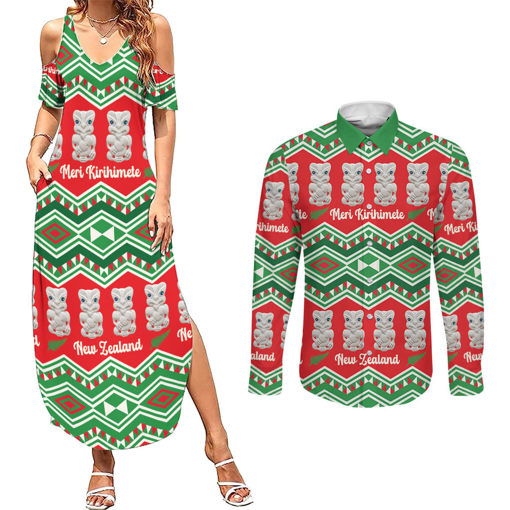 New Zealand Christmas In July Couples Matching Summer Maxi Dress and Long Sleeve Button Shirt Meri Kirihimete Hei Tiki Taniko Motifs Seamless LT14 Red - Polynesian Pride