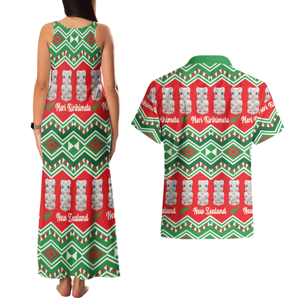New Zealand Christmas In July Couples Matching Tank Maxi Dress and Hawaiian Shirt Meri Kirihimete Hei Tiki Taniko Motifs Seamless LT14 - Polynesian Pride
