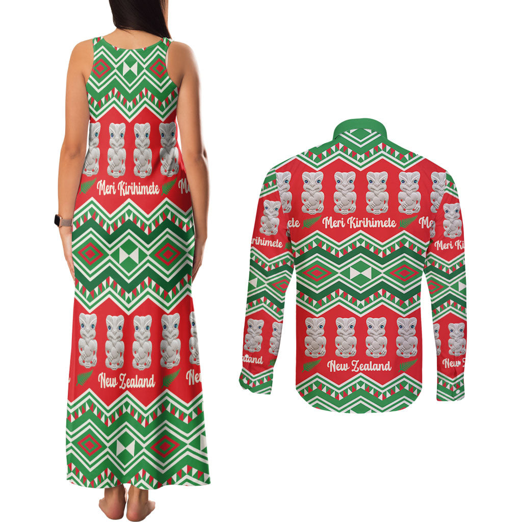 New Zealand Christmas In July Couples Matching Tank Maxi Dress and Long Sleeve Button Shirt Meri Kirihimete Hei Tiki Taniko Motifs Seamless LT14 - Polynesian Pride