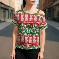 New Zealand Christmas In July Cross Shoulder Shirt Meri Kirihimete Hei Tiki Taniko Motifs Seamless LT14 - Polynesian Pride