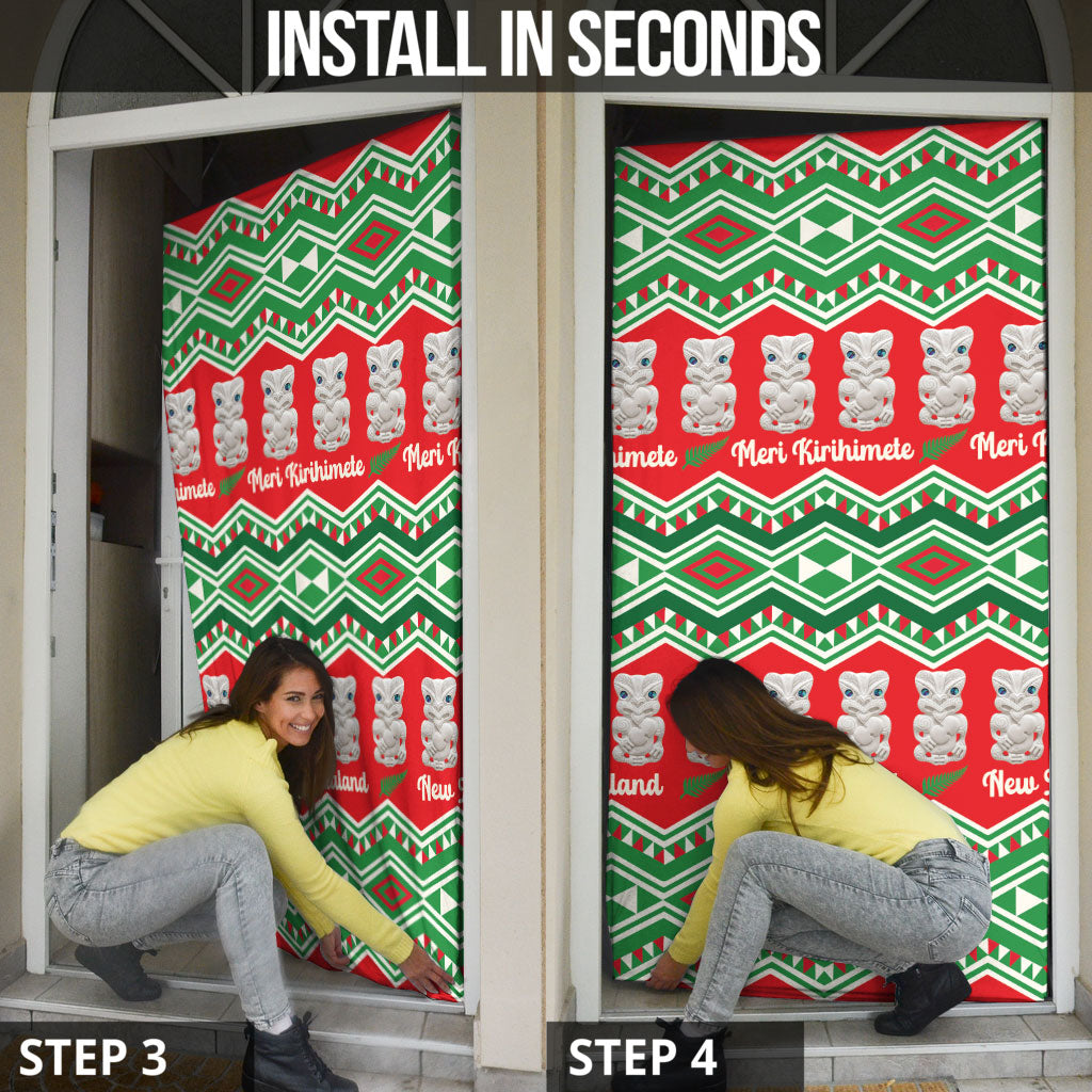 New Zealand Christmas In July Door Cover Meri Kirihimete Hei Tiki Taniko Motifs Seamless LT14 - Polynesian Pride