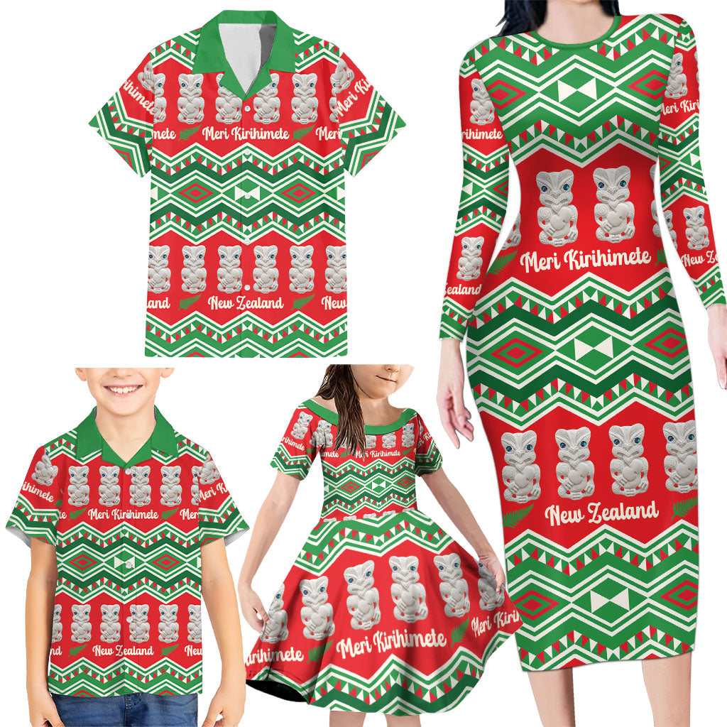 New Zealand Christmas In July Family Matching Long Sleeve Bodycon Dress and Hawaiian Shirt Meri Kirihimete Hei Tiki Taniko Motifs Seamless LT14 - Polynesian Pride