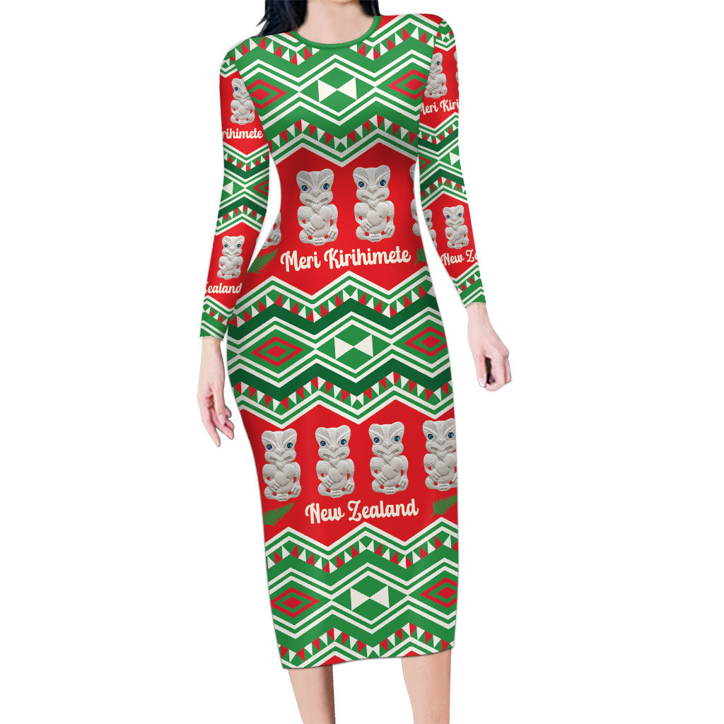 New Zealand Christmas In July Family Matching Long Sleeve Bodycon Dress and Hawaiian Shirt Meri Kirihimete Hei Tiki Taniko Motifs Seamless LT14 Mom's Dress Red - Polynesian Pride