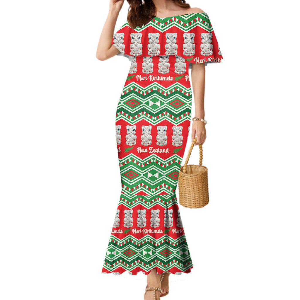 New Zealand Christmas In July Family Matching Mermaid Dress and Hawaiian Shirt Meri Kirihimete Hei Tiki Taniko Motifs Seamless LT14 Mom's Dress Red - Polynesian Pride