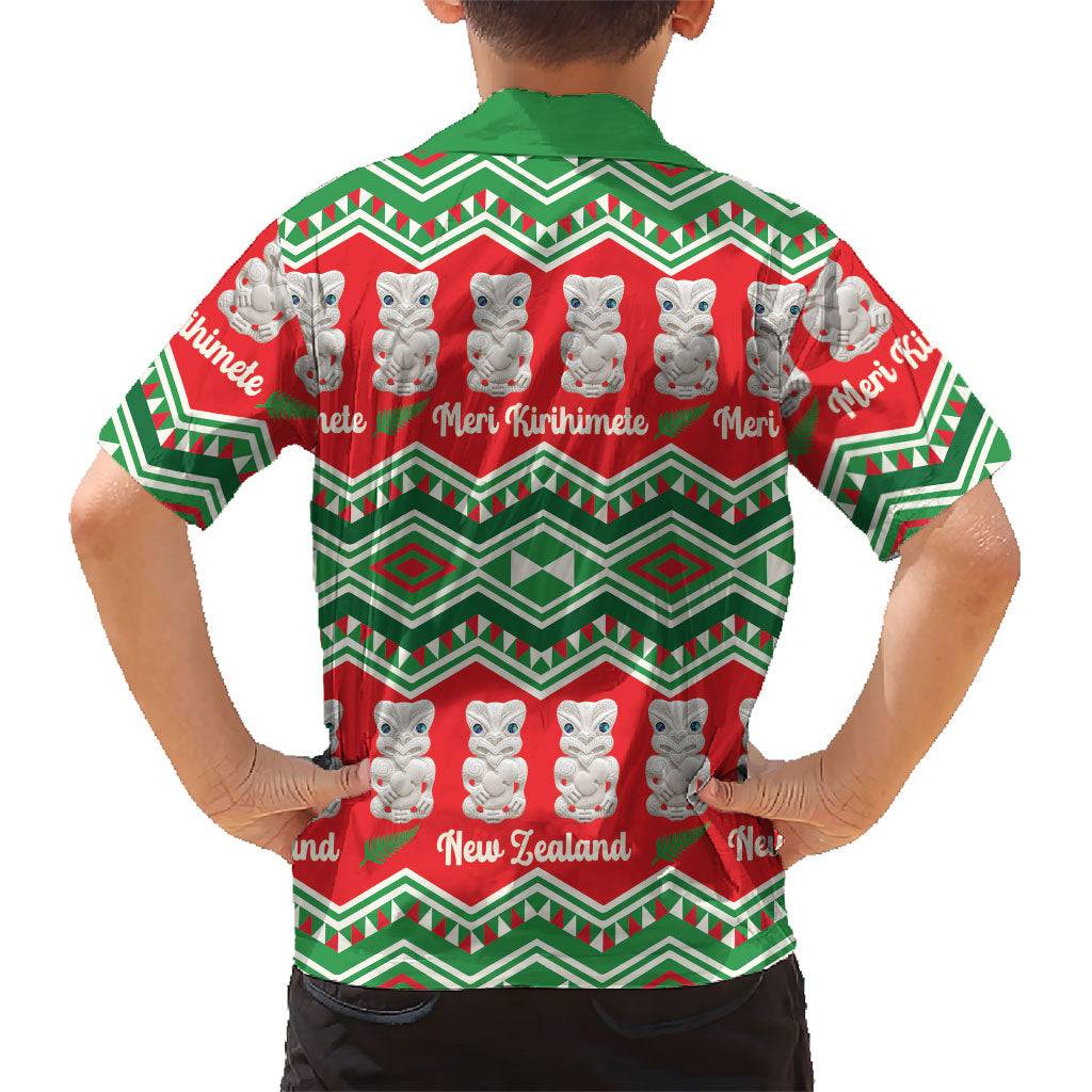 New Zealand Christmas In July Family Matching Off The Shoulder Long Sleeve Dress and Hawaiian Shirt Meri Kirihimete Hei Tiki Taniko Motifs Seamless LT14 - Polynesian Pride