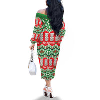 New Zealand Christmas In July Family Matching Off The Shoulder Long Sleeve Dress and Hawaiian Shirt Meri Kirihimete Hei Tiki Taniko Motifs Seamless LT14 - Polynesian Pride