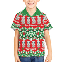 New Zealand Christmas In July Family Matching Off The Shoulder Long Sleeve Dress and Hawaiian Shirt Meri Kirihimete Hei Tiki Taniko Motifs Seamless LT14 Son's Shirt Red - Polynesian Pride